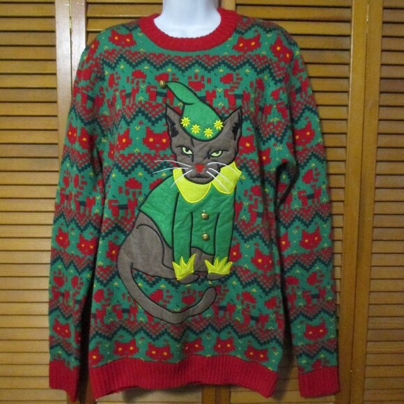 33 Degrees NEW Christmas sweater ugly w/cat in Elf suit soft & stretchy size M - Picture 1 of 11